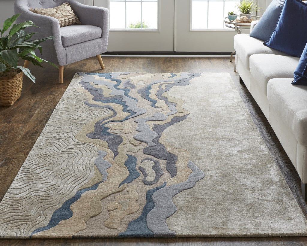 4' X 6' Tan Brown And Blue Wool Abstract Tufted Handmade Area Rug