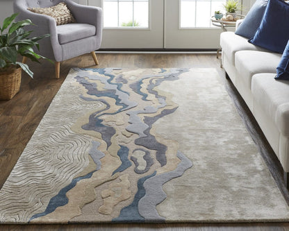 4' X 6' Tan Brown And Blue Wool Abstract Tufted Handmade Area Rug