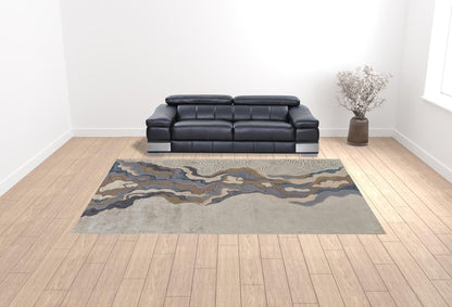 4' X 6' Tan Brown And Blue Wool Abstract Tufted Handmade Area Rug