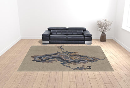 4' X 6' Tan Brown And Blue Wool Abstract Tufted Handmade Area Rug