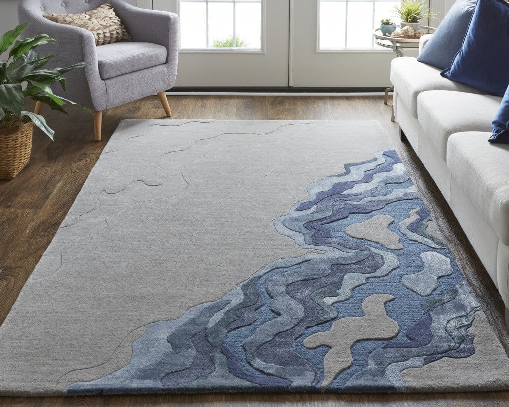 4' X 6' Gray Taupe And Blue Wool Abstract Tufted Handmade Area Rug