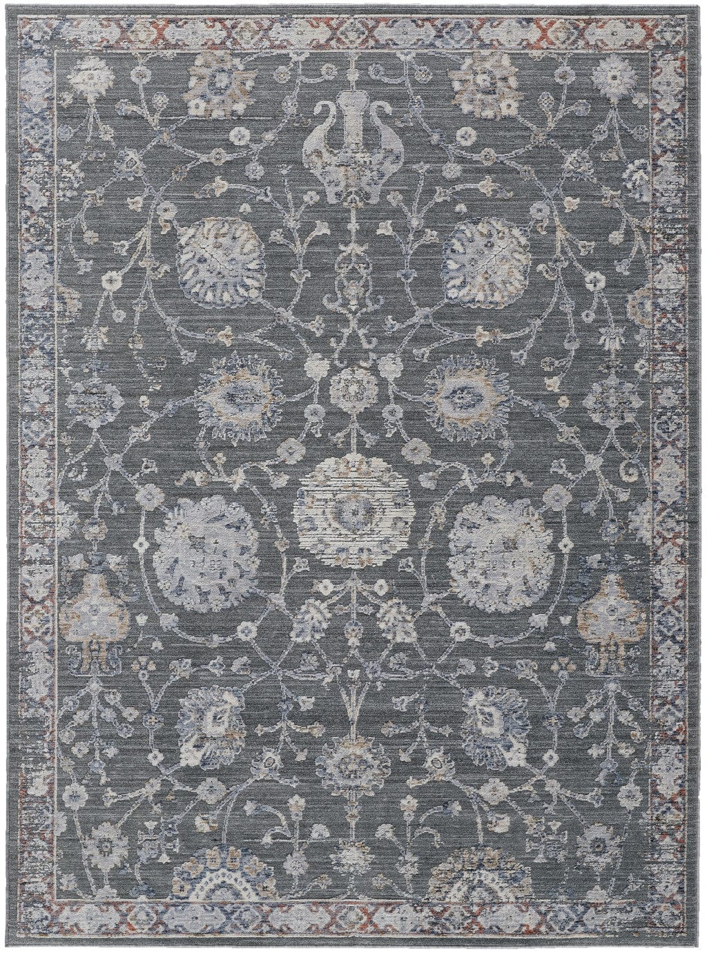 8' X 10' Gray Ivory And Red Floral Power Loom Area Rug