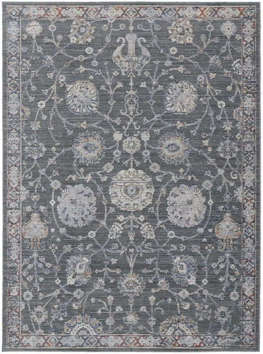 8' X 10' Gray Ivory And Red Floral Power Loom Area Rug