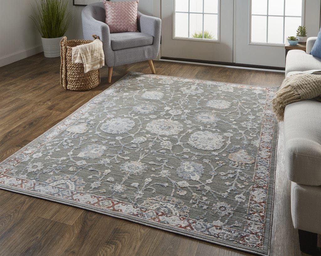 8' X 10' Gray Ivory And Red Floral Power Loom Area Rug