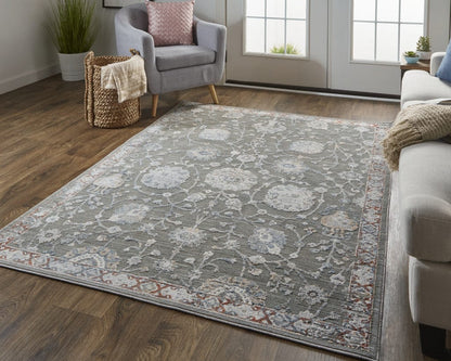 8' X 10' Gray Ivory And Red Floral Power Loom Area Rug