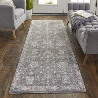 8' X 10' Gray Ivory And Red Floral Power Loom Area Rug