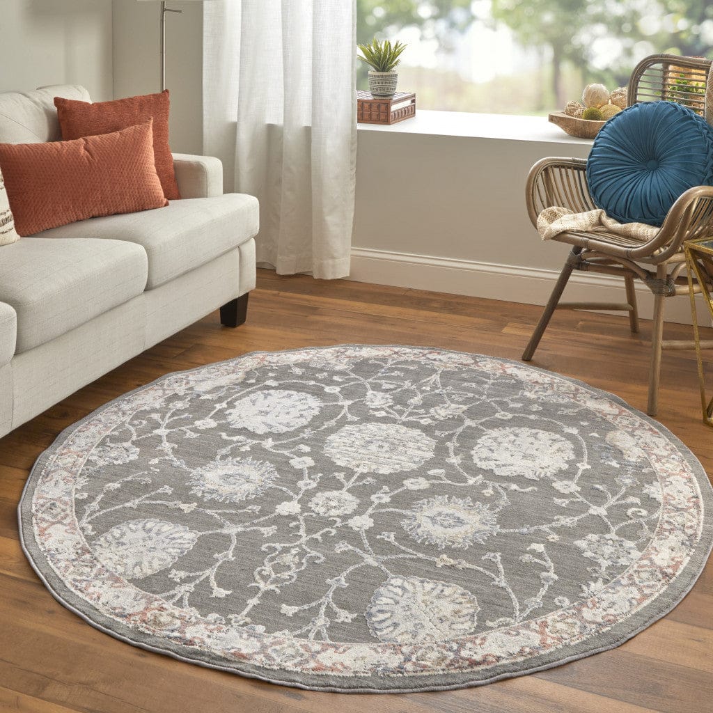 8' X 10' Gray Ivory And Red Floral Power Loom Area Rug