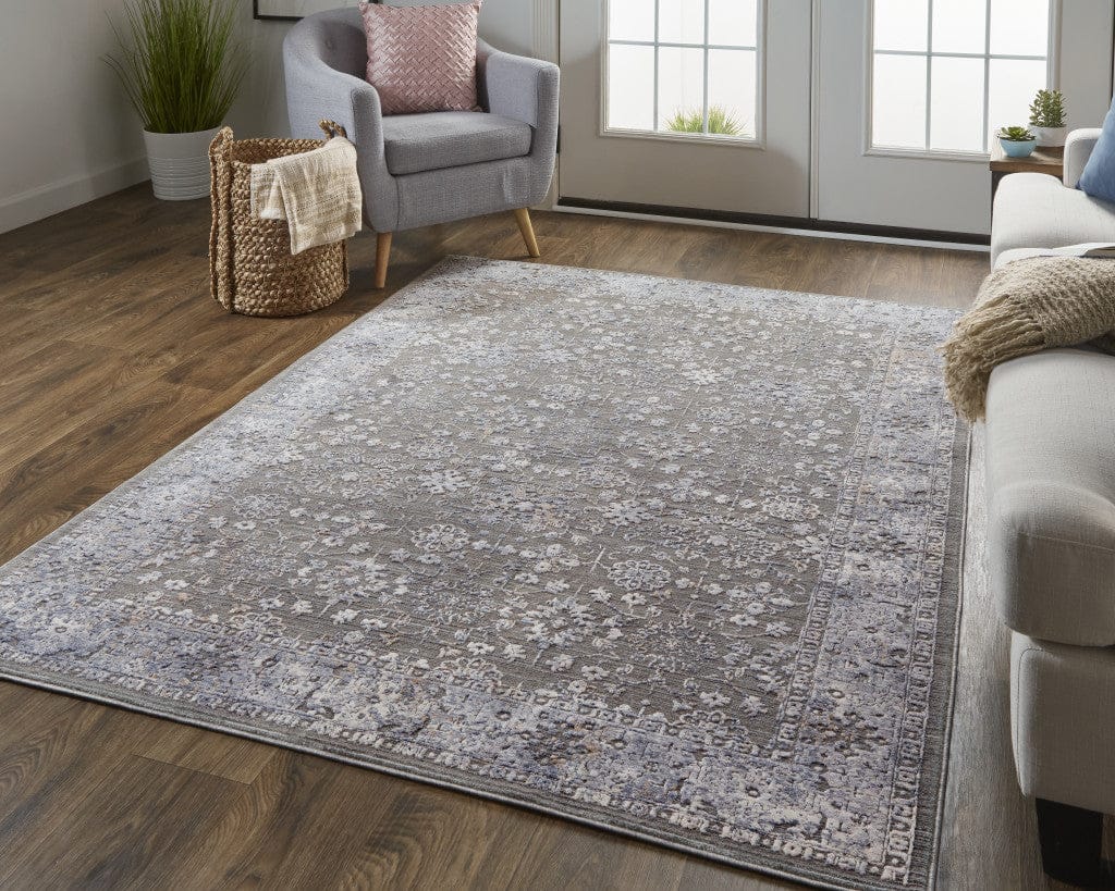 8' X 10' Taupe Gray And Orange Floral Power Loom Area Rug