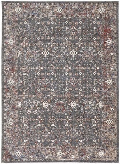 8' X 10' Taupe Gray And Orange Floral Power Loom Area Rug