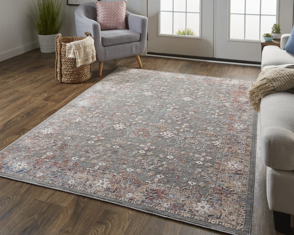 8' X 10' Taupe Gray And Orange Floral Power Loom Area Rug