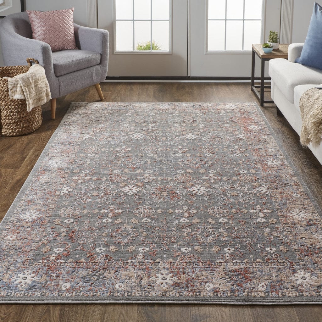 8' X 10' Taupe Gray And Orange Floral Power Loom Area Rug