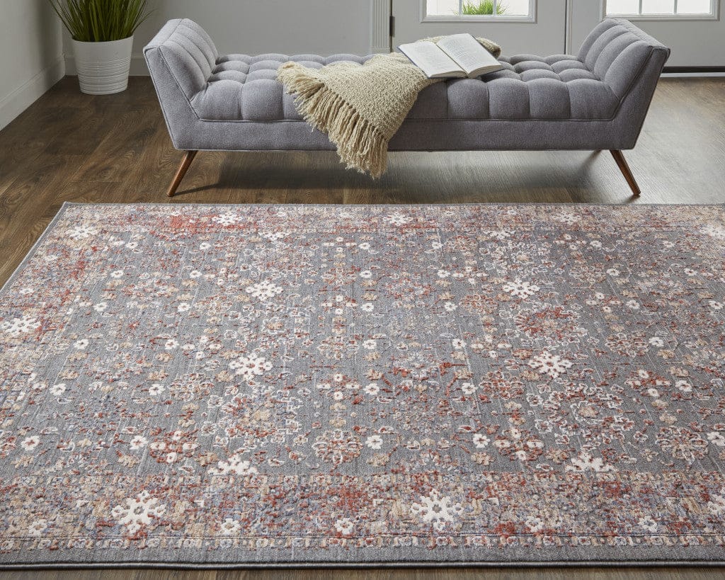 8' X 10' Taupe Gray And Orange Floral Power Loom Area Rug
