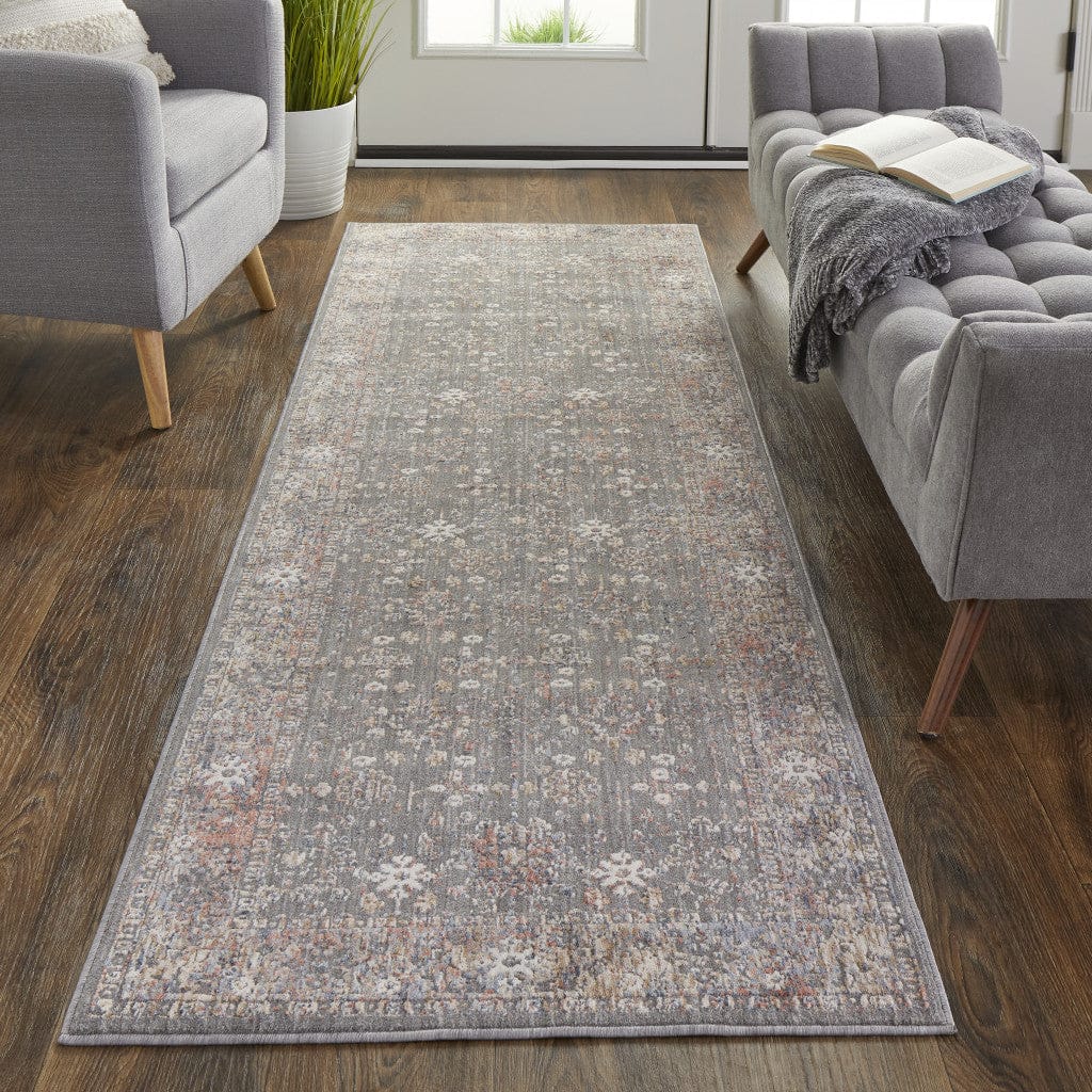 8' X 10' Taupe Gray And Orange Floral Power Loom Area Rug