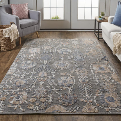 8' X 10' Gray Ivory And Tan Floral Power Loom Area Rug