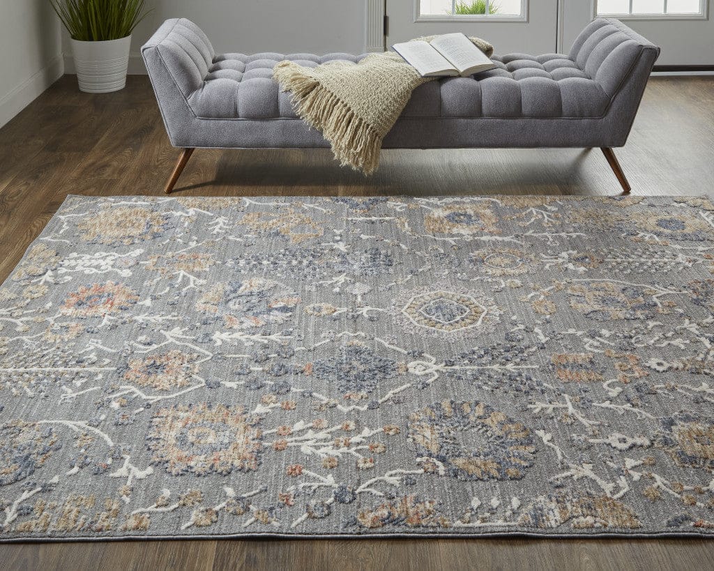 8' X 10' Gray Ivory And Tan Floral Power Loom Area Rug