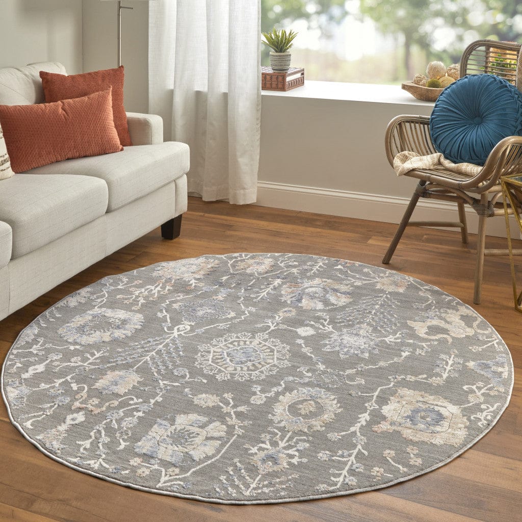 8' X 10' Gray Ivory And Tan Floral Power Loom Area Rug