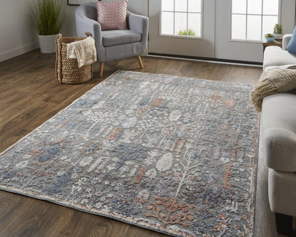9' X 13' Gray Ivory And Orange Floral Power Loom Area Rug