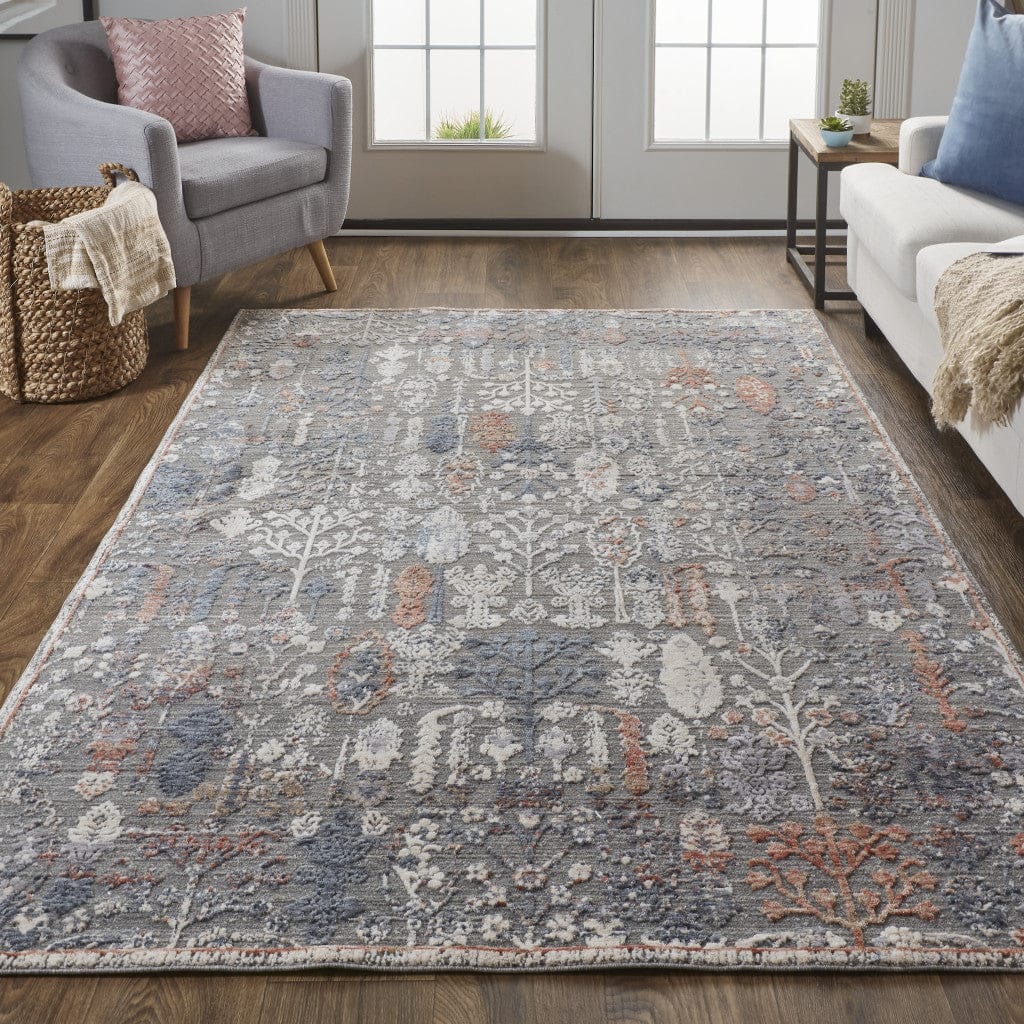 9' X 13' Gray Ivory And Orange Floral Power Loom Area Rug