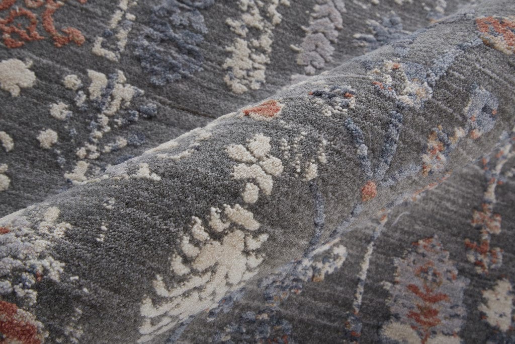 9' X 13' Gray Ivory And Orange Floral Power Loom Area Rug