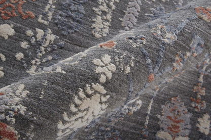 9' X 13' Gray Ivory And Orange Floral Power Loom Area Rug