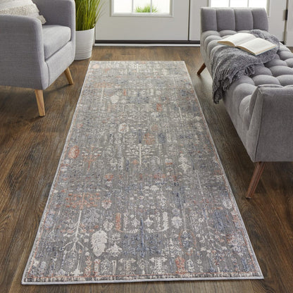 9' X 13' Gray Ivory And Orange Floral Power Loom Area Rug