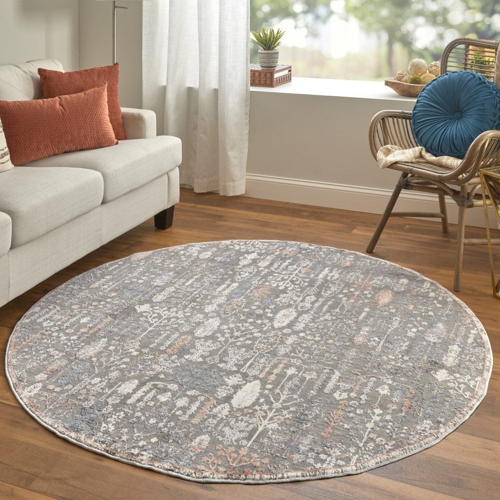9' X 13' Gray Ivory And Orange Floral Power Loom Area Rug