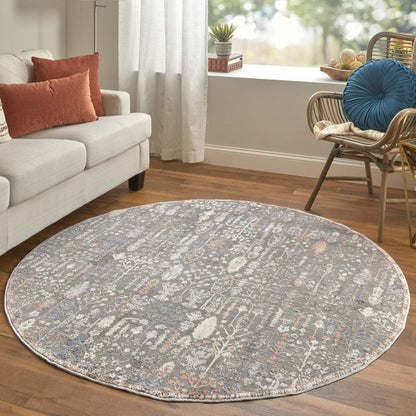 9' X 13' Gray Ivory And Orange Floral Power Loom Area Rug