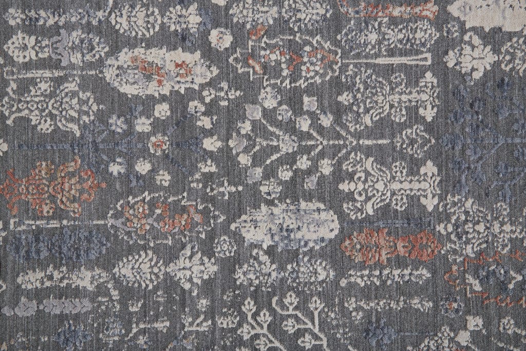 9' X 13' Gray Ivory And Orange Floral Power Loom Area Rug