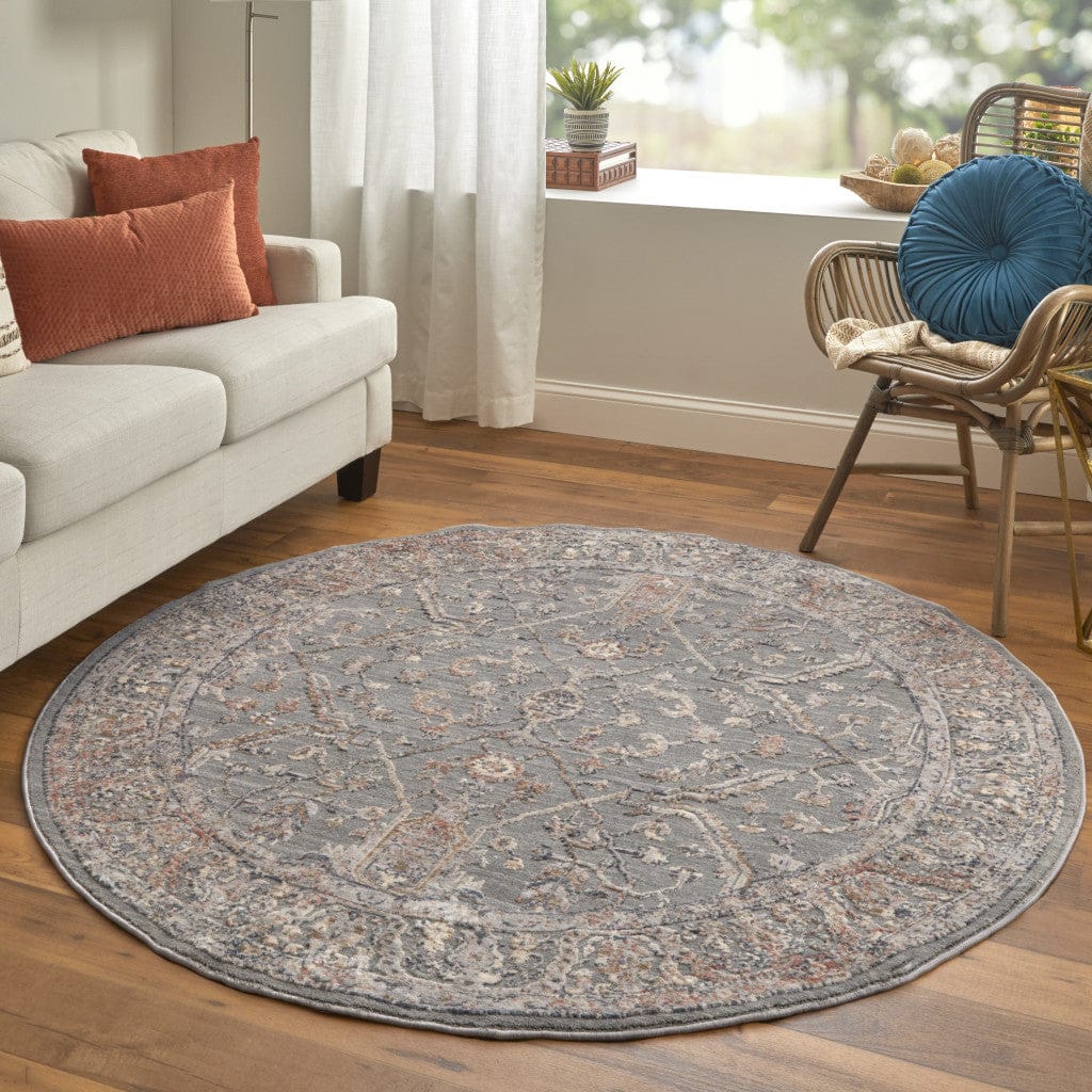 8' X 10' Gray Taupe And Pink Floral Power Loom Area Rug