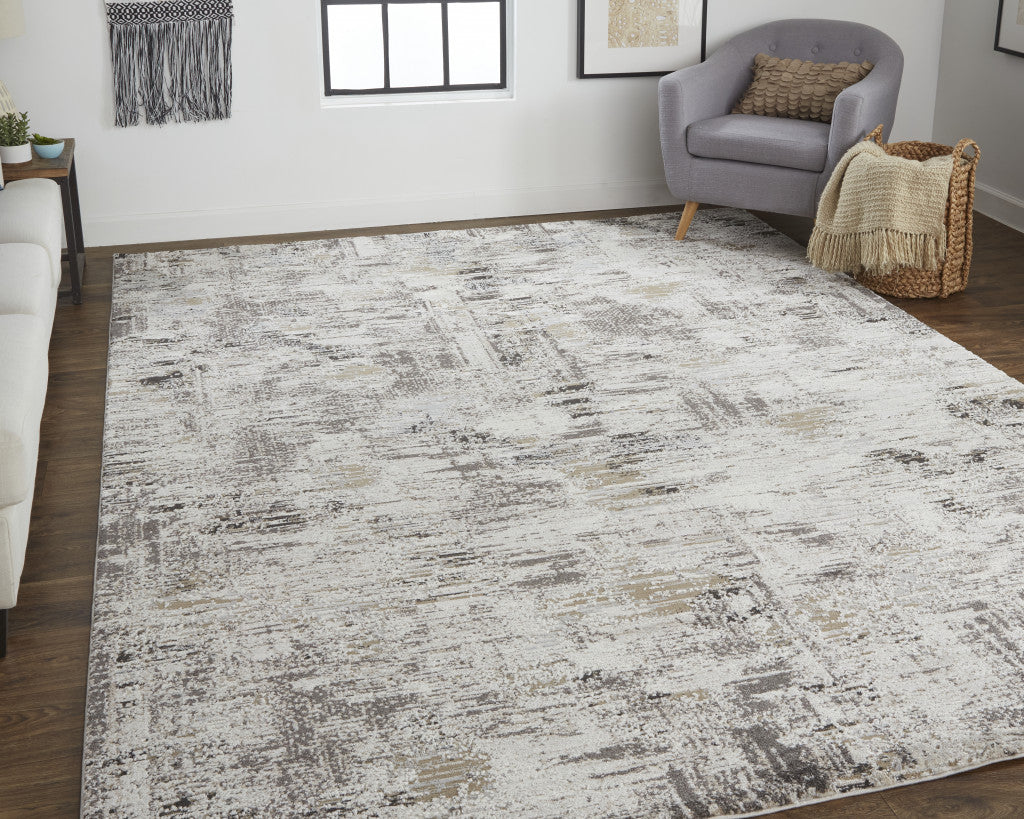 4' X 6' Ivory Gray And Brown Abstract Power Loom Distressed Stain Resistant Area Rug