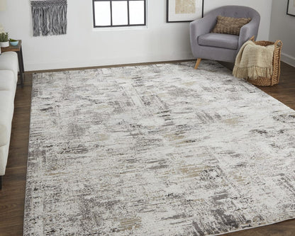 4' X 6' Ivory Gray And Brown Abstract Power Loom Distressed Stain Resistant Area Rug