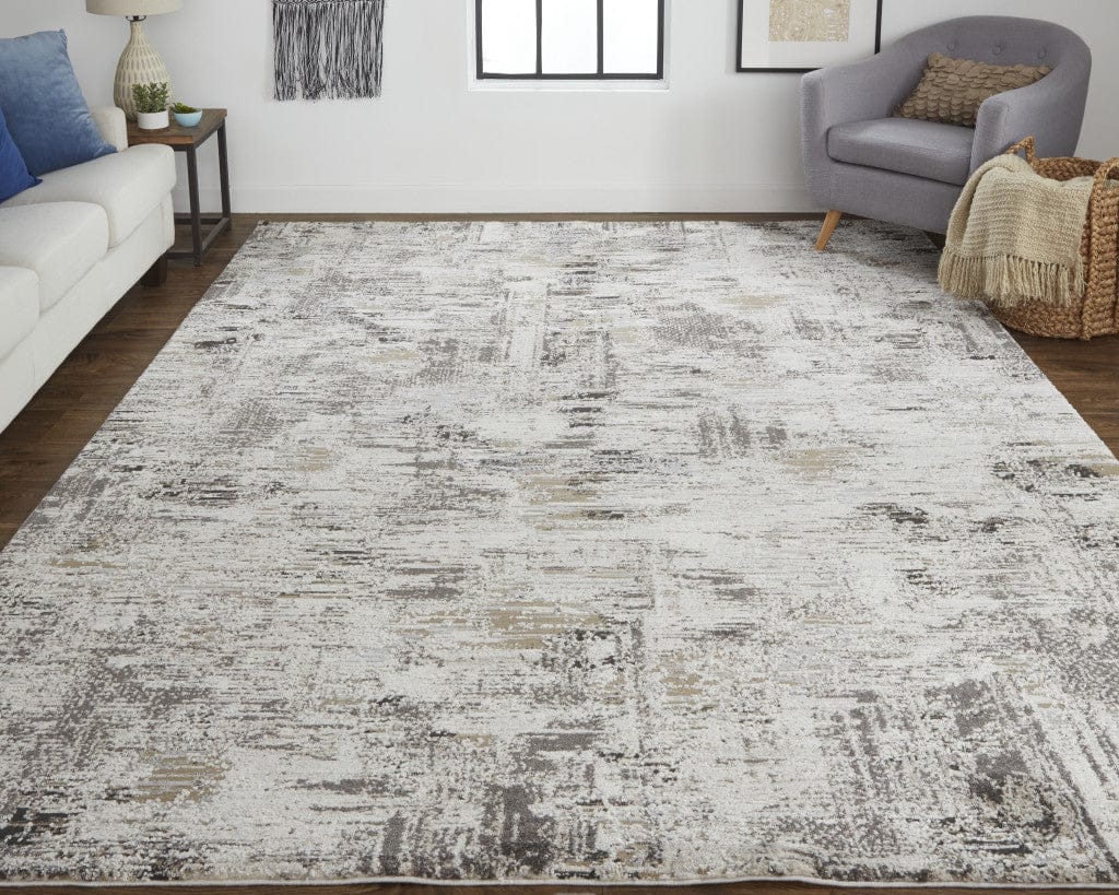 4' X 6' Ivory Gray And Brown Abstract Power Loom Distressed Stain Resistant Area Rug
