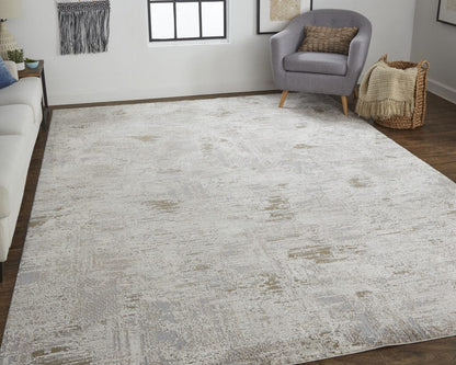 4' X 6' Ivory Gray And Brown Abstract Power Loom Distressed Stain Resistant Area Rug