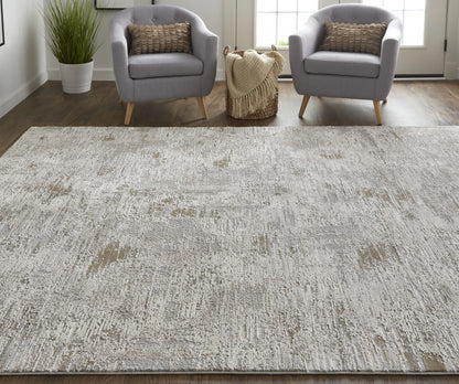 4' X 6' Ivory Gray And Brown Abstract Power Loom Distressed Stain Resistant Area Rug