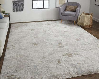 4' X 6' Ivory Gray And Brown Abstract Power Loom Distressed Stain Resistant Area Rug