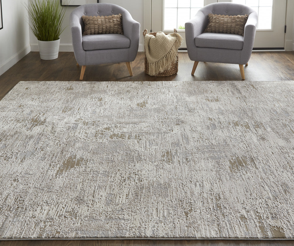 4' X 6' Ivory Gray And Brown Abstract Power Loom Distressed Stain Resistant Area Rug