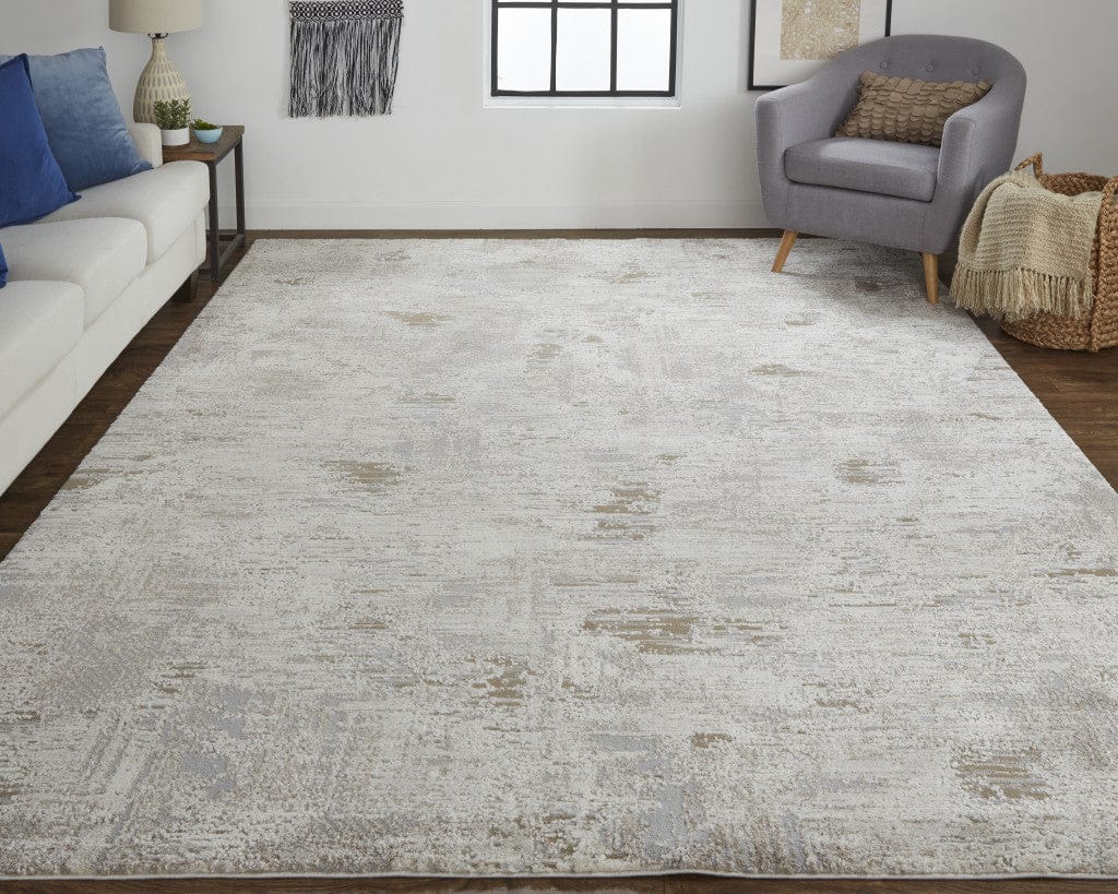 4' X 6' Ivory Gray And Brown Abstract Power Loom Distressed Stain Resistant Area Rug
