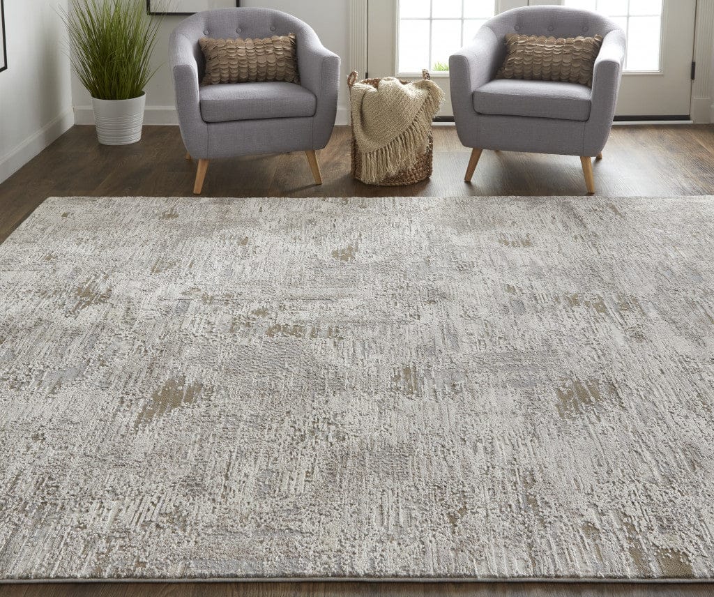 4' X 6' Ivory Gray And Brown Abstract Power Loom Distressed Stain Resistant Area Rug