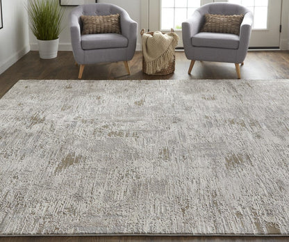 4' X 6' Ivory Gray And Brown Abstract Power Loom Distressed Stain Resistant Area Rug