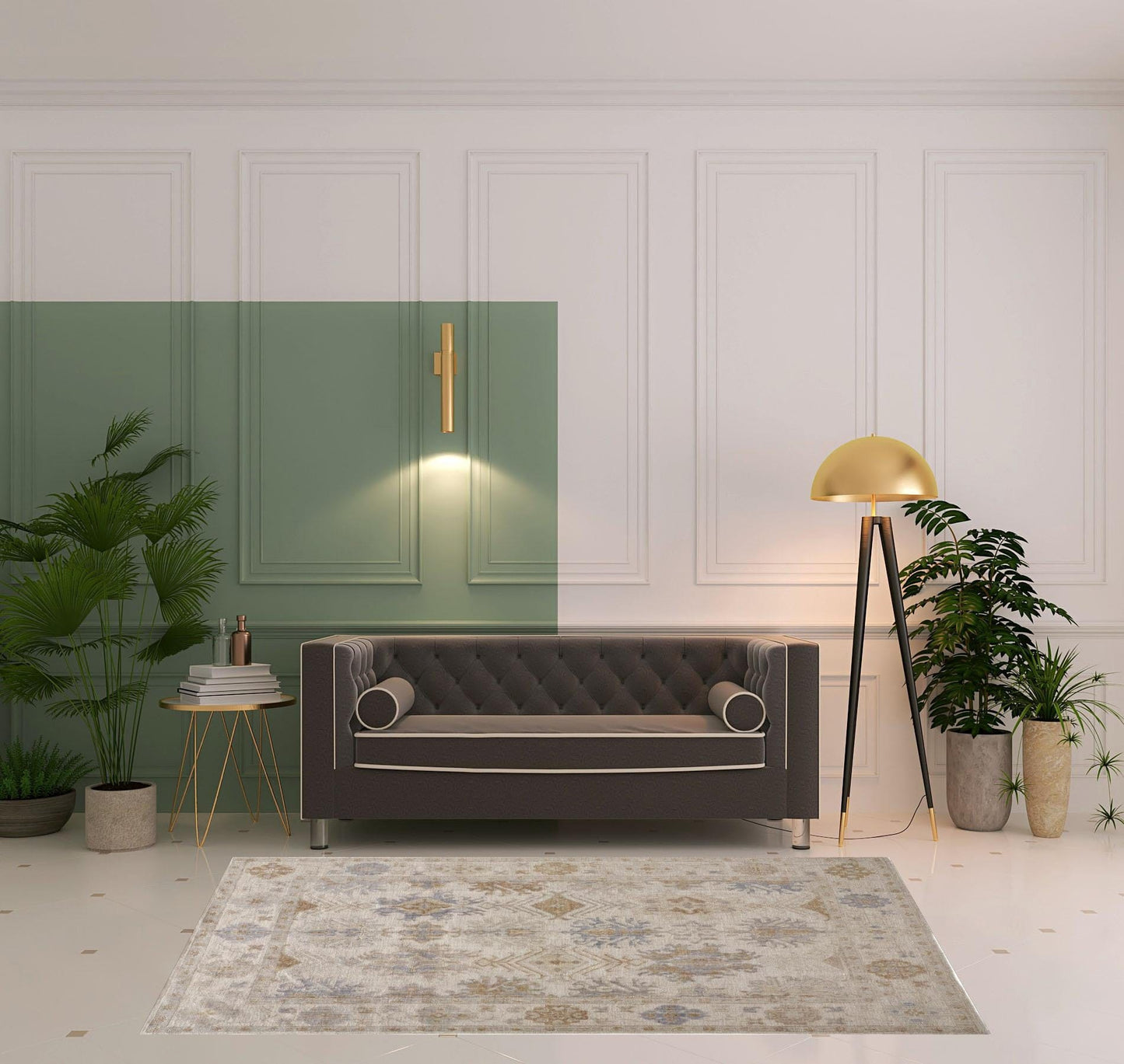 5' X 8' Ivory Tan And Blue Floral Hand Knotted Stain Resistant Area Rug