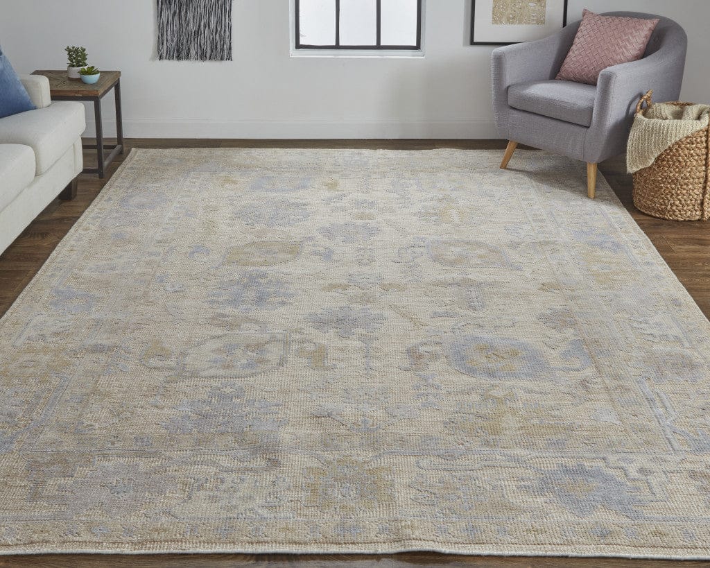 4' X 6' Tan Orange And Blue Floral Hand Knotted Stain Resistant Area Rug