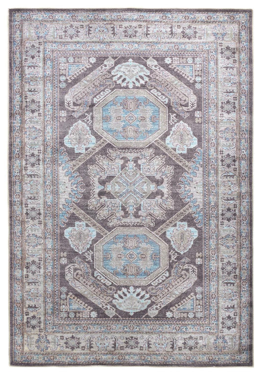 4' X 6' Gray Taupe And Blue Floral Area Rug
