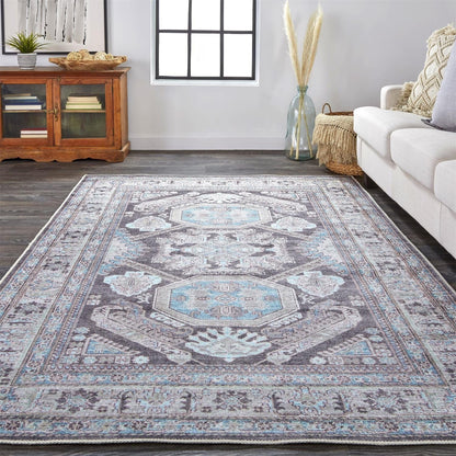 4' X 6' Gray Taupe And Blue Floral Area Rug