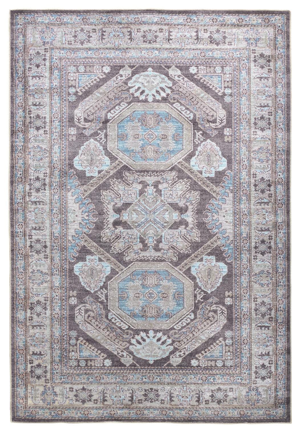 4' X 6' Gray Taupe And Blue Floral Area Rug