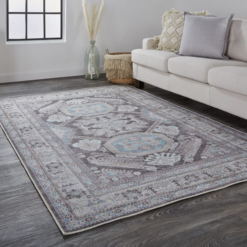4' X 6' Gray Taupe And Blue Floral Area Rug