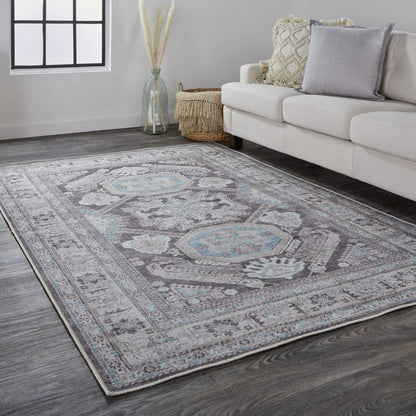 4' X 6' Gray Taupe And Blue Floral Area Rug
