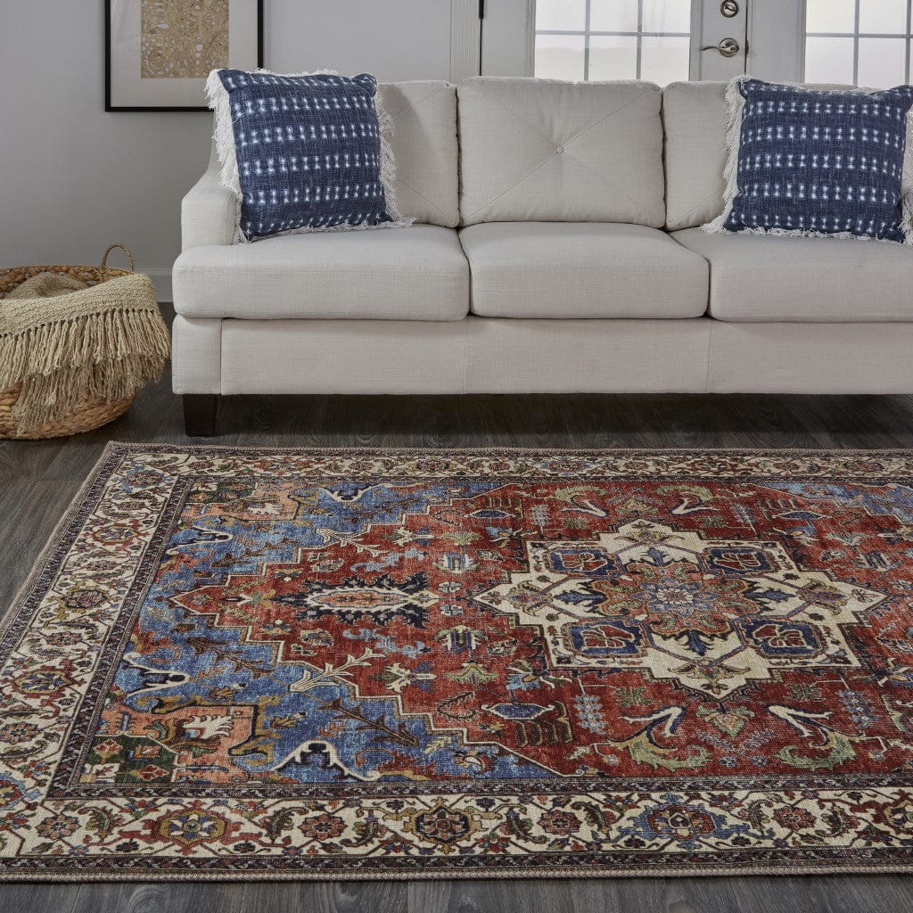 4' X 6' Blue Red And Ivory Floral Area Rug