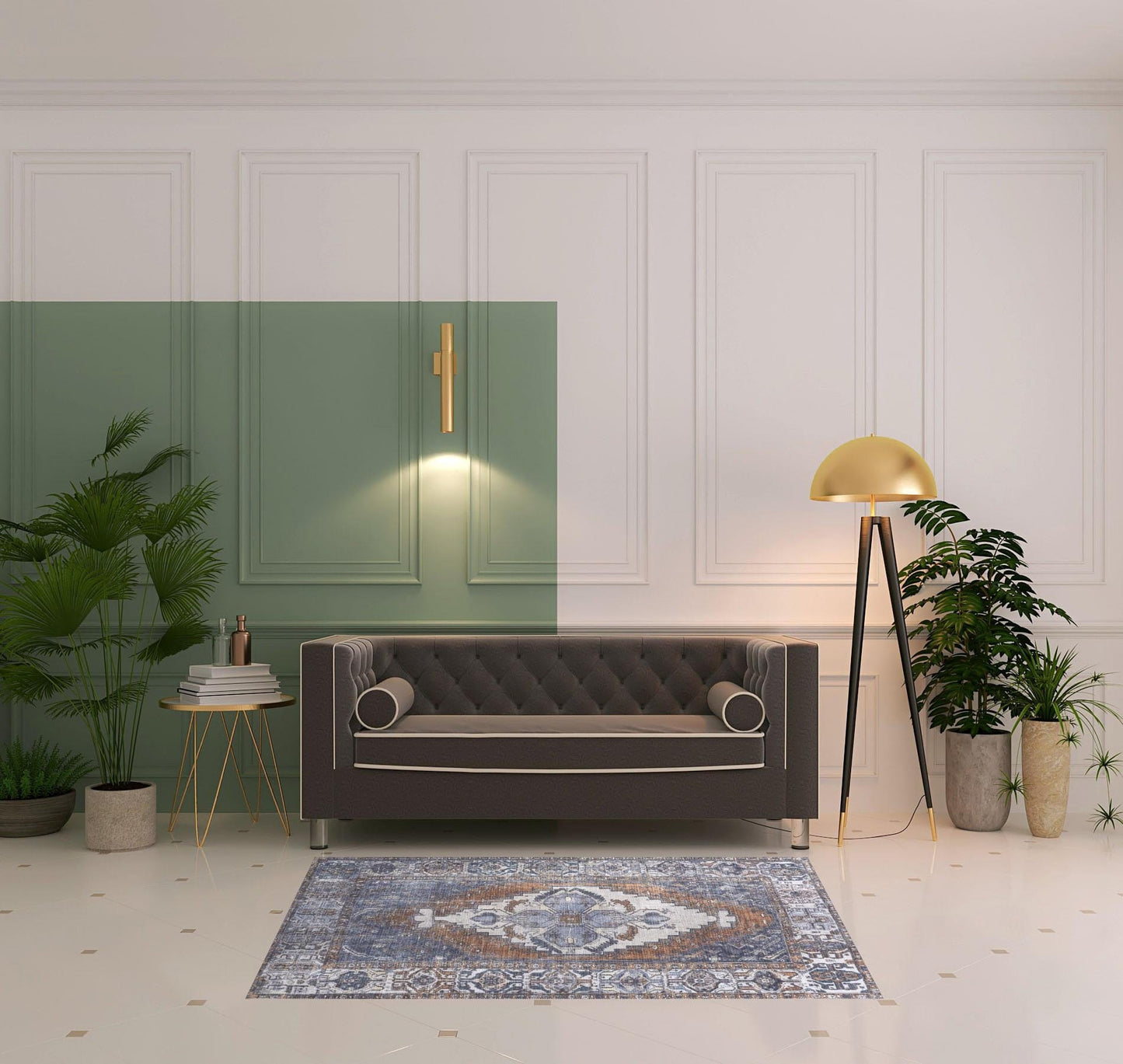 4' X 6' Blue Ivory And Brown Floral Area Rug