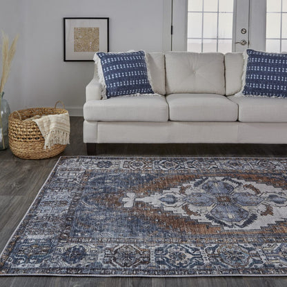 4' X 6' Blue Ivory And Brown Floral Area Rug