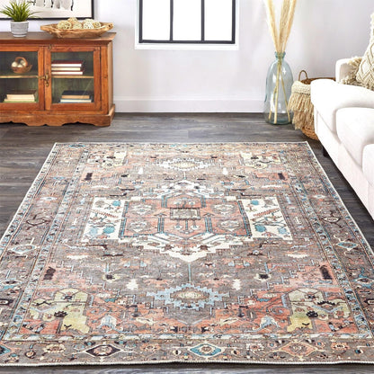 5' X 8' Taupe Red And Brown Floral Area Rug